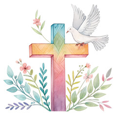 Watercolor Christian cross with dove and floral elements isolated on a transparent background png, cut out, clipping path, social media, Advertisement, high quality, HD photo, close up.,  web, banner.