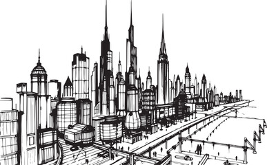 Fototapeta premium City landscape. Different buildings on street, outline cityscape hand sketch, flat houses. Hand drawn vector illustration