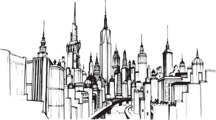 Fototapeta premium City landscape. Different buildings on street, outline cityscape hand sketch, flat houses. Hand drawn vector illustration