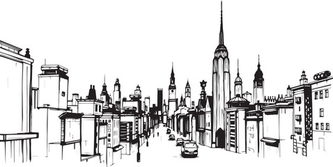 Fototapeta premium City landscape. Different buildings on street, outline cityscape hand sketch, flat houses. Hand drawn vector illustration