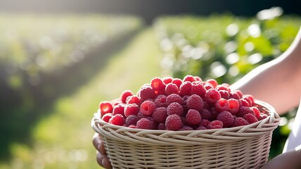 A Basket Overflowing with Freshly Picked Raspberries from the Farm
