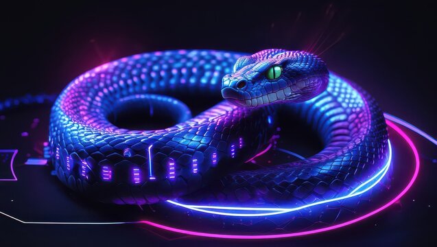 Coiled snake with neon lights in blue and purple on black background - Powered by Adobe