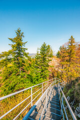 Hiking to peak Tri Koruny or Trzy Korony during day. Pieniny National park in Poland. View from the lookout at the top
