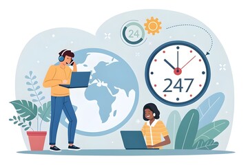 Illustration of a customer support representative wearing a headset, working at a desk with a laptop, coffee cup, and cactus. Clocks and gears in background. Vector illustration