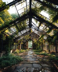 Overgrown abandoned greenhouse bathed in sunlight