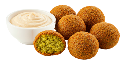 Delicious falafel balls with tahini sauce, middle eastern cuisine, vegan food, healthy snack, appetizer, tasty food on transparent background