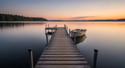 Fototapeta premium Serene Lake at Sunset with Wooden Pier and Boat Reflecting Tranquility