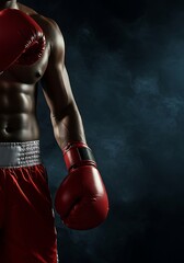 Muscular African American Boxer with Red Gloves Ready to Fight
