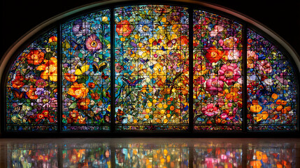Vibrant floral stained glass window with butterflies colorful
