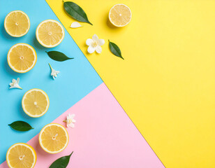 Flat lay of sliced lemons, green leaves, and white flowers on pastel yellow, pink, and blue background. Fresh summer citrus concept with copy space. Ideal for food and lifestyle themes