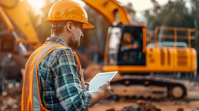 A construction worker uses a digital tablet onsite to monitor and plan construction work efficiently