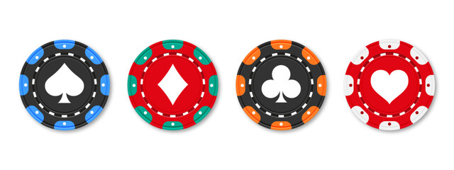 Realistic Poker and casino chips. Isolated casino poker chips. Poker symbols with spades, hearts, diamonds, clubs. Playing gambling chips concept. Vector illustration.