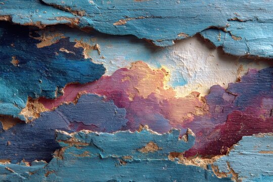 Close-up on old blue wall with peeling paint revealing colorful layers and gold specks, creating an abstract and textured appearance