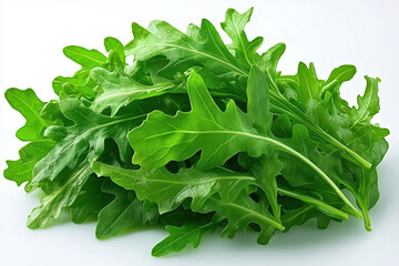 Pile of fresh arugula leaves isolated on white background, showing detailed texture and vibrant green color. Perfect for food, salad, and healthy lifestyle visuals.