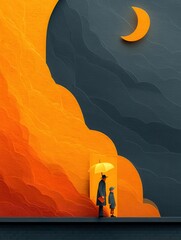 Two figures under a glowing umbrella against a fiery sky