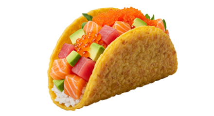 Delicious looking sushi taco with fresh salmon tuna avocado and roe for a tasty japanese fusion meal on transparent background