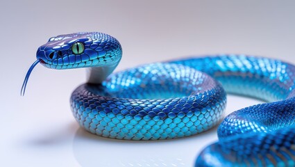 Obraz premium A coiled blue snake with its tongue out on a white reflective surface