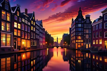 Fototapeta premium Amsterdam Canal Silhouette Photography: Dutch Houses, Sunset, Cityscape