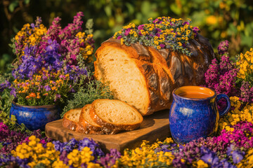 Wooden cutting board with sliced bread, fresh wild herbs, and a blue ceramic cup. Rustic style with bright natural light creating a warm, cozy home atmosphere.