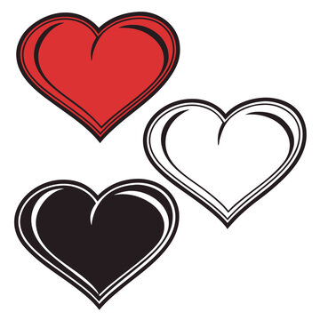 Three Stylized Hearts in Red Black and Outline on White Background love romance