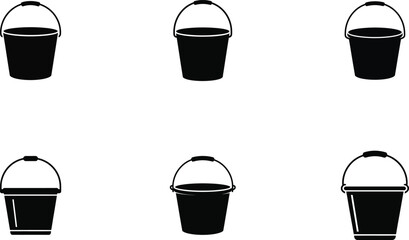 Bucket Icon Set – Black Utility Container Silhouette Vector Collection