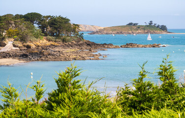Photography in the afternoon of the bay and boat in Lancieux from the coast, Brittany, France