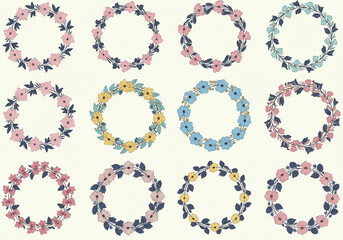 A collection of twelve floral wreaths with varying colors and leaf arrangements on a light background