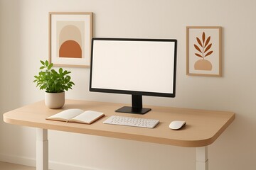 Modern Desk Setup With Computer and Plant