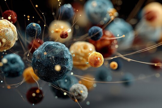 Abstract floating spheres in multiple colors interconnected with glowing filaments against a dark grey background create a vibrant and modern art piece