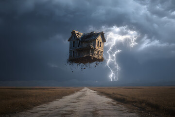 Rapture surreal concept. Ghost house ripped from the ground flying above a country road in a stormy day with lightnings in the sky.