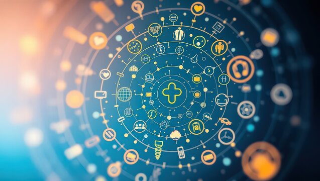 A digital health network with interconnected icons in a circular arrangement on a blue background