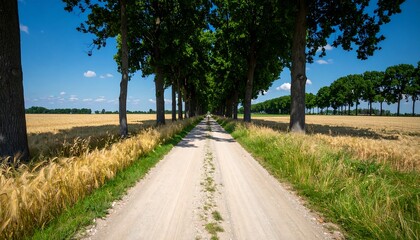 Country lane through golden fields under a sunny sky