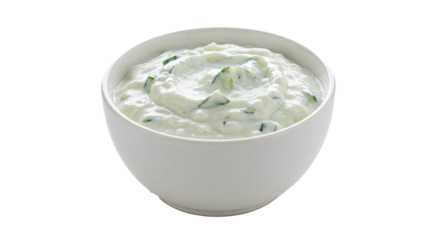Creamy tzatziki sauce in a bowl, greek yogurt dip with cucumber, fresh and tasty appetizer recipe idea on transparent background