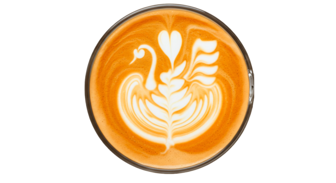 Top view of latte art swan design in coffee cup for cafe menu and social media posts promotion idea on transparent background