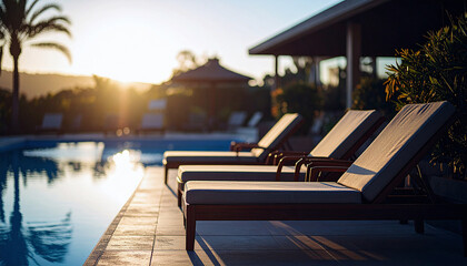 Pool and sun loungers at a luxury resort at sunset, 300 dpi, widescreen 16:9, with free space for text