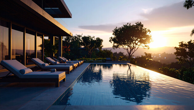 Pool and sun loungers at a luxury resort at sunset, 300 dpi, widescreen 16:9, with free space for text