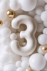 Birthday celebration backdrop featuring large white number three with gold accents amidst various balloons