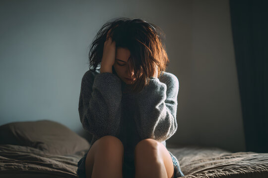 Junkie sitting on the bed, withdrawal symptom