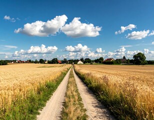 Country lane through golden fields under a vibrant blue sky