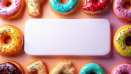 Fototapeta premium Colorful Frosted Donuts Arranged on Flat Surface with Pastel Icing