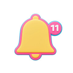 3D cartoon notification bell icon in bright colors, isolated on a white background, resembling a plastic design.