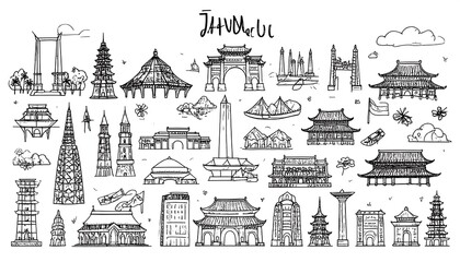 Collection of hand-drawn Asian landmarks