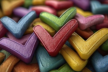 Color pencils create check marks inside boxes on textured black paper, close up selection, choice, right marks