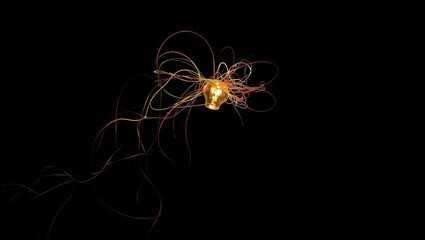A glowing bulb surrounded by colorful wires against a stark black background in a dark environment