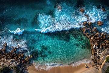 Fototapeta premium Aerial view of Bronte Baths on display, located in Sydney, Australia, during the afternoon with crystal clear water and waves crashing against the coast