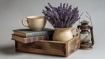 Lavender, Coffee, Books, and Lantern Still Life