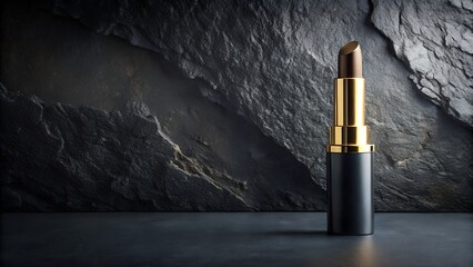 A luxurious gold and black lipstick stands against a dark, textured stone background, evoking elegance and sophistication