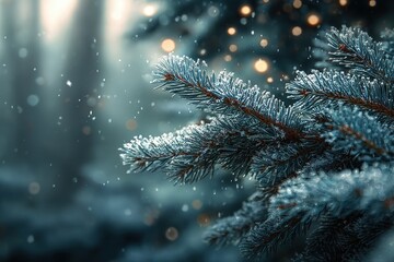 Close-up of an Evergreen Branch with Pinecones and glittering lights during the Christmas holiday season at night