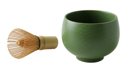 Authentic matcha tea set with bamboo whisk and ceramic bowl for traditional japanese tea ceremony on transparent background