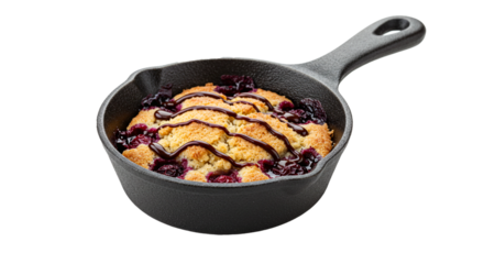 A skillet cobbler with blueberries and a chocolate drizzle on a transparent background image view